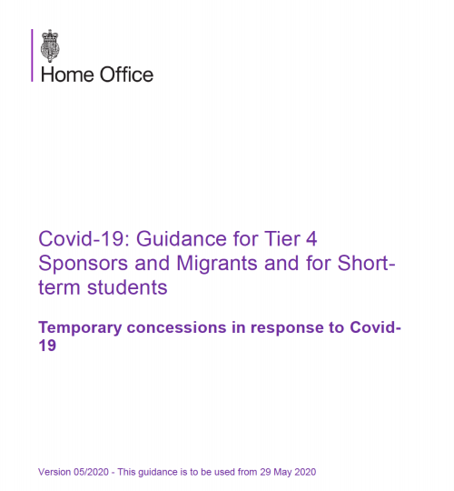 Home Office letter head with title "Covid-19: Guidance for Tier 4 sponsors and migrants and for short-term students. Temporary concessions in response to covid-19. Version 05/2020."
