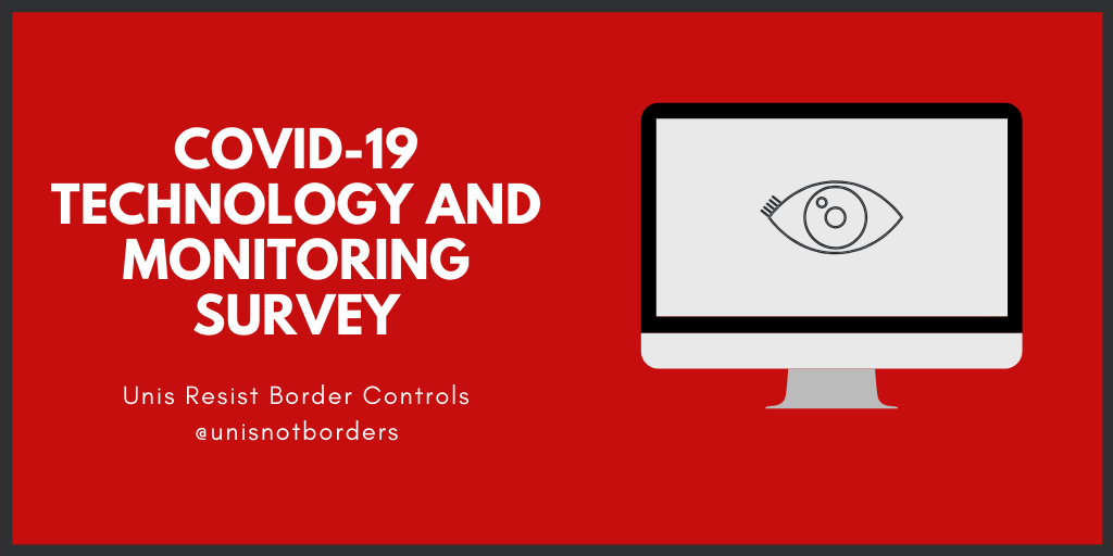 Covid-19 technology and monitoring survey, unis resist border controls. There is an illustration of a computer displaying a stylized open eye