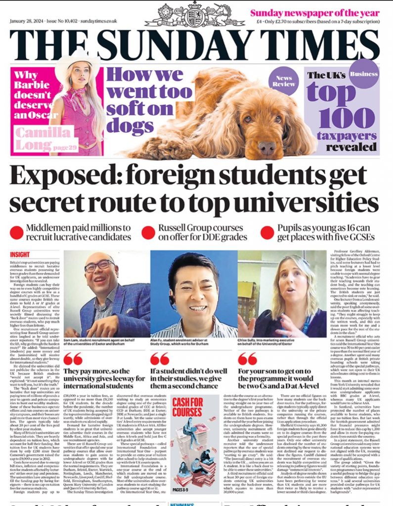 Screenshot of The Sunday Times front page with headline "exposed: foreign students get secret route to top universities"